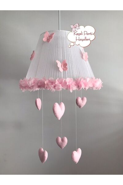 Keçeli parti hayalleri bebek çocuk odası avize beyaz tül açık pembe çiçekl kelebek kalp