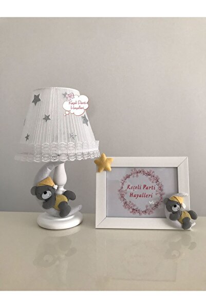 Keçeli parti hayalleri bebek çocuk odası abajur çerçeve ay ayıcık sarı gri