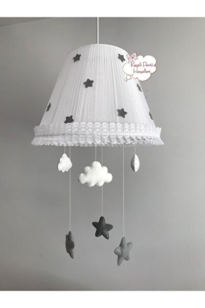 Keçeli parti hayalleri bebek çocuk odası avize beyaz tül fırfır gri yıldız sa...