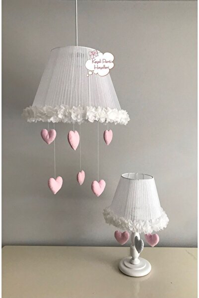 Keçeli parti hayalleri bebek çocuk odası avize abajur beyaz çiçek kalp açık p...