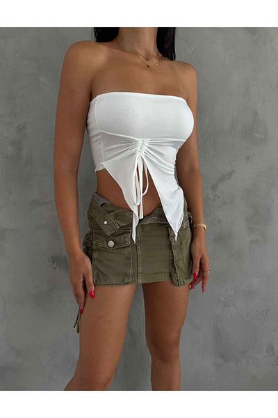 ALLEYTA Sandy Women's Strapless Asymmetrical Gathered Blouse