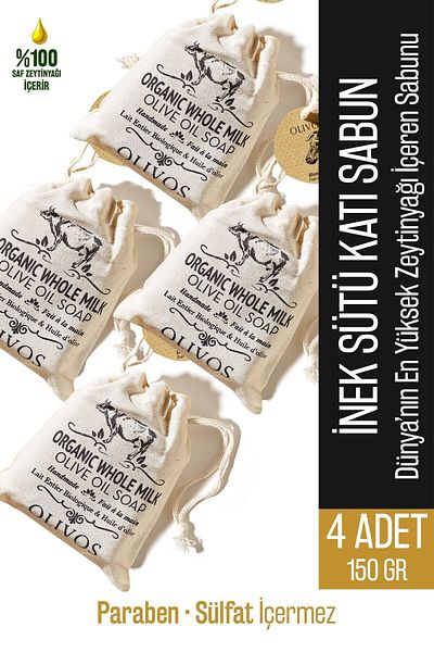 Olivos Natural Cow Milk and Olive Oil Solid Soap Cow Milk Hand Soap Pouch Gift 4 Pcs 150 Gr