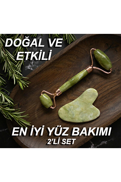 ninacare Yeşil doğal yeşim taşı yüz masaj aleti ve kalp gua sha yüz bakım taşı 2'li set jade face roller