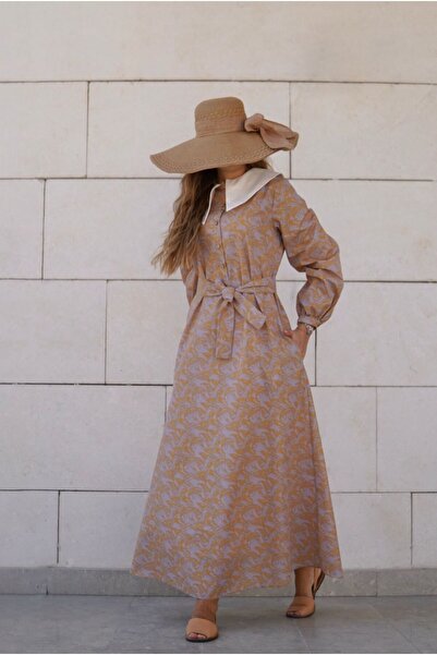 Launes Yaka Detaylı Vintage Cepli Düğmeli Yaprak Desenli Hardal Sarısı-gri Fairytale Elbise