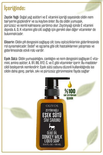 Olivos Natural Olive Oil Donkey Milk Liquid Soap Olive Oil Hand Soap Intensive Moisturizing 2 PCS 450 Ml