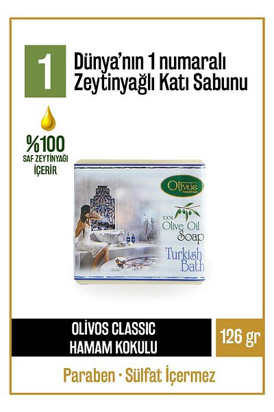 Olivos Natural Classic Turkish Bath Scented and Olive Oil Solid Soap Olive Oil Hand Soap Intensive Moisturizing 126 gr