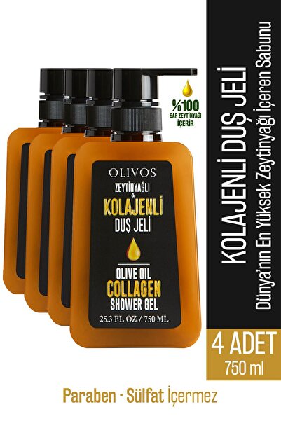 Olivos Doğal Zeytinyağlı Kolajenli Banyo Ve Duş Jeli Zeytinyağı Besleyici Cilt Nemlendirici 4 ADET 750ML