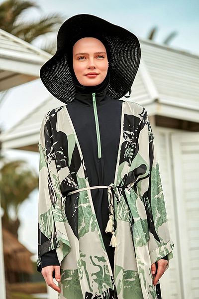 Marina Gemusterter Khaki-Kimono-Kaftan P2411