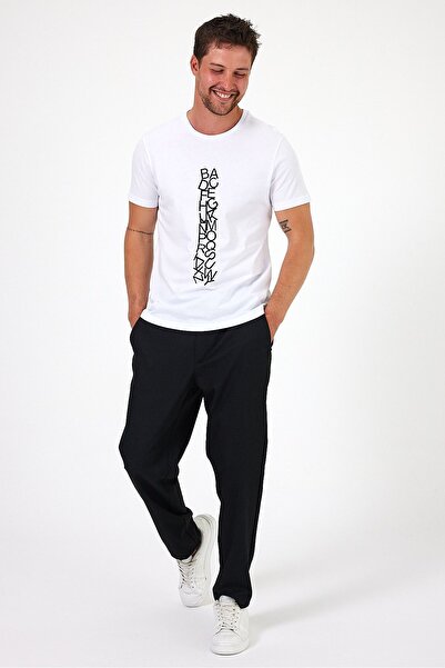 Soho Mood Λευκό ανδρικό μπλουζάκι - 100% βαμβάκι, λαιμόκοψη, εμπριμέ με γράμματα