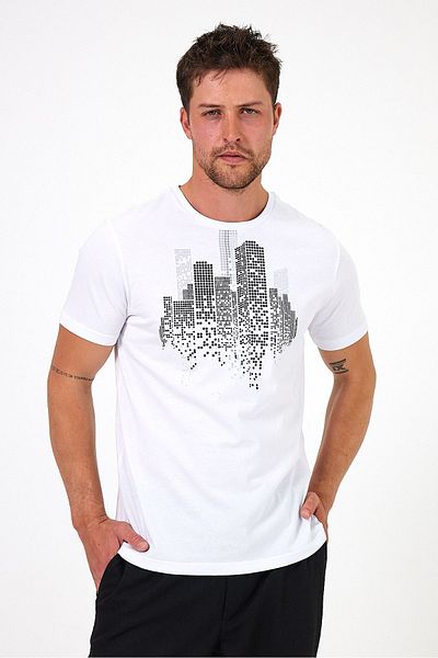 Soho Mood Ανδρικό λευκό μπλουζάκι Crew Neck Building Printed 100% βαμβάκι