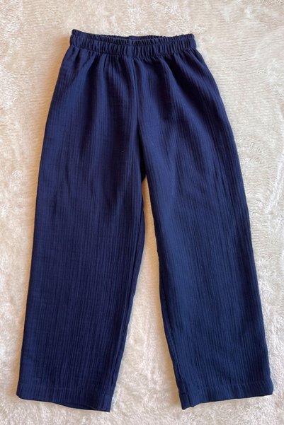 Masnu Çocuk Girl - Navy Blue Muslin Cream Laced Cotton Organic Pants Set