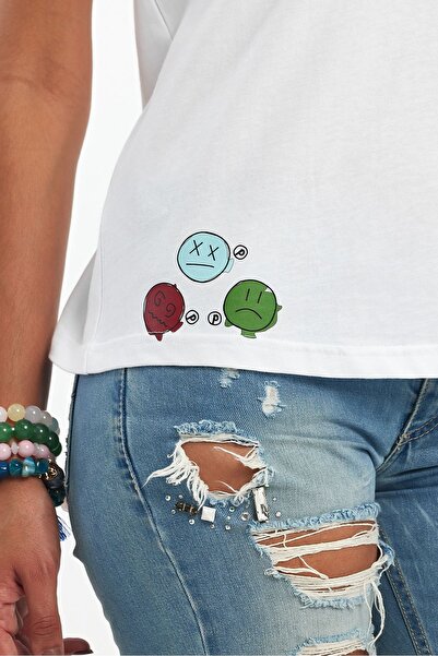Soho Mood Λευκό Emoji Printed 100% βαμβακερό γυναικείο T-Shirt - Crew Neck