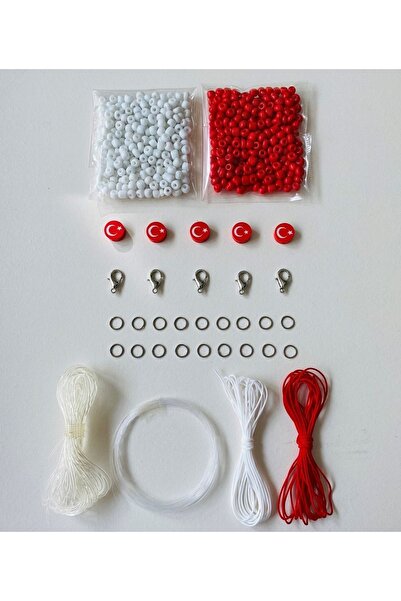 YAĞMUR BİJUTERİ Türk Bayrağı Fimo - Kırmızı Beyaz Kum Boncuk - Paraşüt Ipi - ...