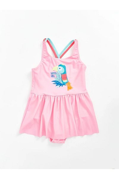 LC Waikiki Ροζ μαγιό για κορίτσια με στάμπα Parrot - Λεπτομέρεια με παγιέτες Ulusoyu