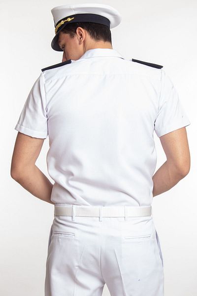 Burak Askeri Malzeme White Colored Quality Cotton Captain Shirt - Belted Summer DesiGn Marine HiGh School and School