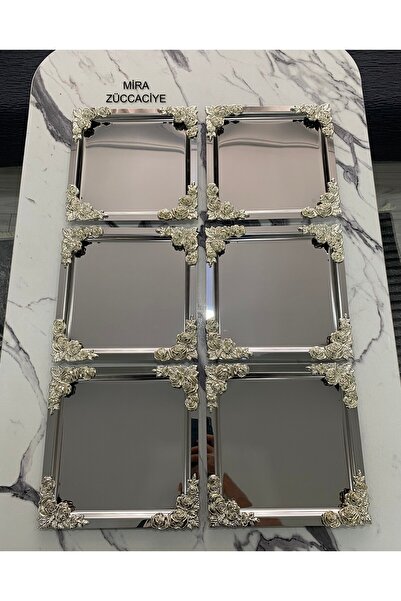 Mira züccaciye 6'Lı Lüx  4 köşesi GÜMÜŞ Çiçek GÜMÜŞ  kare Kaplama Model çay,kahve,ikram servis Sunum Tepsisi 21x21