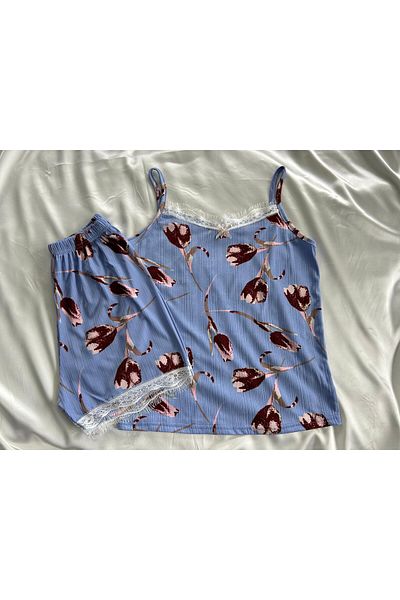 Sude HOMEWEAR Set de pijamale de damă tricotat cu curele din frânghie cu imprimeu lalele de culoare albastră cu pantaloni scurți