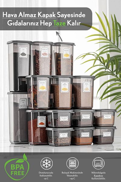 Meleni Home Set of 18 Square Food Storage Container with Lid Anthracite 6x(0.50 LT-1,10 LT -1.70 LT) Spice Rack with Label