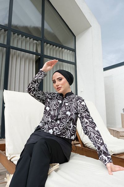 lurex moda Half Digital Printed Hijab Swimsuit