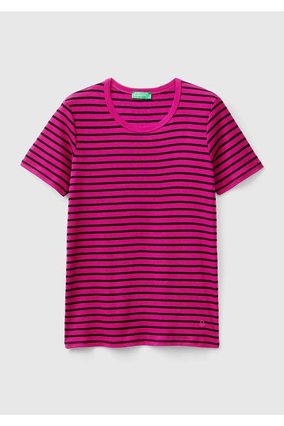 United Colors of Benetton Tricou de damă cu gât rotund cu logo în dungi violet - 100% bumbac