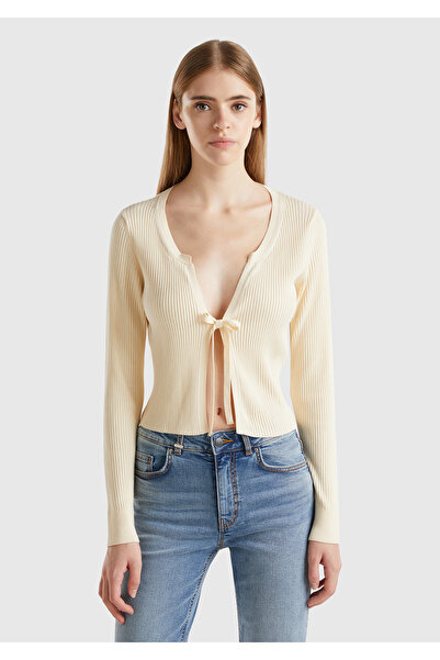 United Colors of Benetton كارديجان نسائي واسع برقبة على شكل حرف V مع خليط لزج...