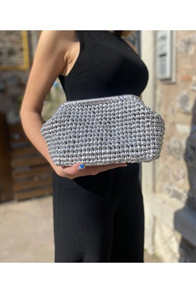 hati . Bags Parlak Simli Metalik Burslu Portföy Clutch Hasır Çanta