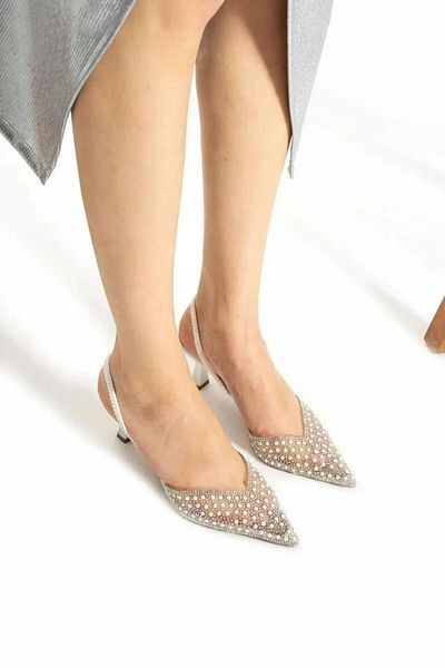 Ayselin Butik Pantofi eleganti de dama cu perle transparente si detaliu la toc