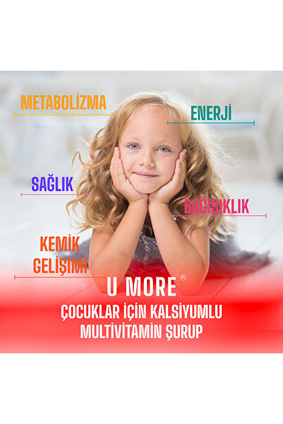 UMore Multivitamin Ve Kalsiyumlu Çocuk Şurubu, Çinko, Vitamin C, B3, E, B5, B2, B1, B6, A, D-150ml