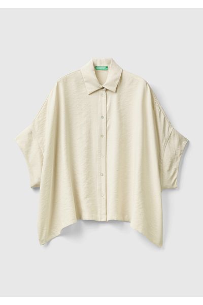 United Colors of Benetton Cămașă oversize crem modal cu mâneci trei sferturi pentru femei - ușoară