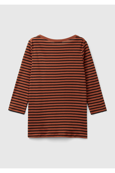 United Colors of Benetton Καφέ αριστερό κάτω μέρος με λογότυπο Βαμβακερό μακρυμάνικο γυναικείο μπλουζάκι με λαιμόκοψη