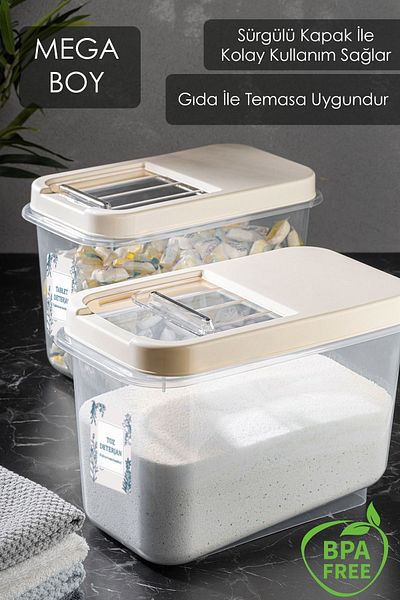 Meleni Home 2-Piece 10 Lt Mega Label Powder Tablet Detergent Storage Box - Bathroom Organizer Cream with Sliding Lid