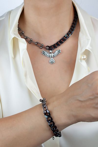 Liveyn Design Zircon Stone DeTailed Ankakuş Figure Necklace and Bracelet Set