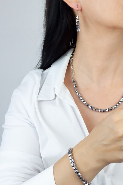 Liveyn Design Silver Chain and Crystal Cube Bracelet NecKlace Set