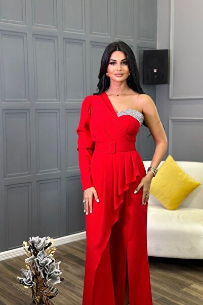 Helen Fashion Dabıl Tulum Tasarım Yırtmaçlı Kemerli Elbise