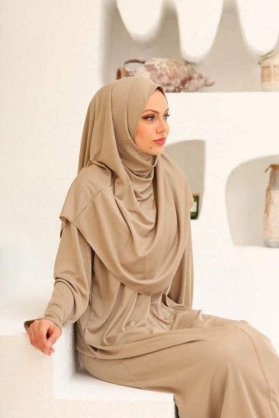 Çağrı Beige Colored One-piece Zippered Comfortable Prayer Dress - Standard Size Bundle