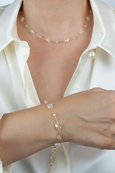 Liveyn Design Gold Colored Thin Chain CrysTal Stone Bracelet Set