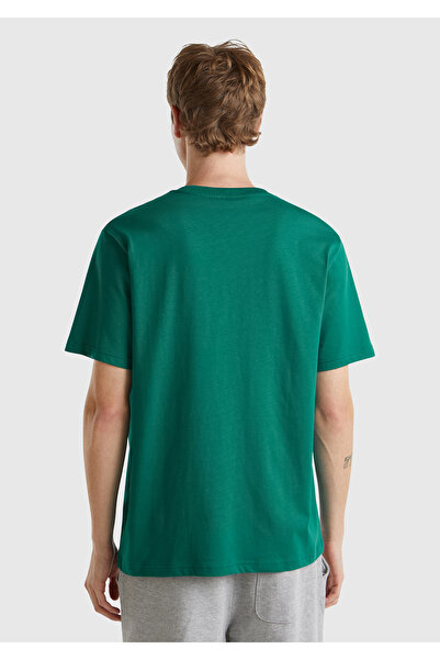 United Colors of Benetton Ανδρικό μπλουζάκι με λογότυπο Benetton σε σκούρο πράσινο χρώμα - 100% Koton, Crew Neck