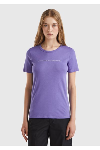 United Colors of Benetton Tricou de bază pentru femei 100% Koton cu scris Benetton violet
