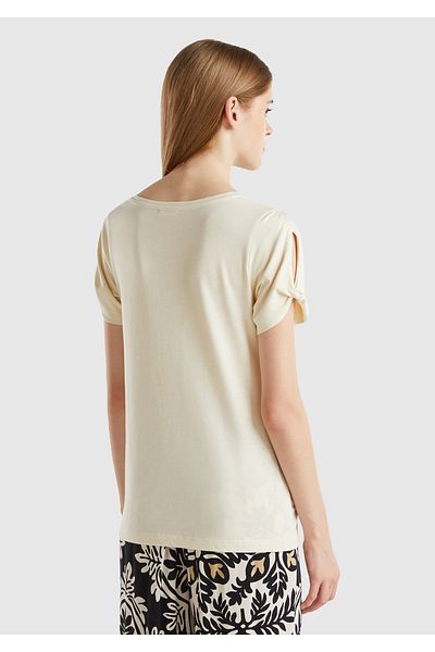 United Colors of Benetton Cream Colored Cotton and Modal Mix - Women's Round Neck T-shirt with Sleeve Detail