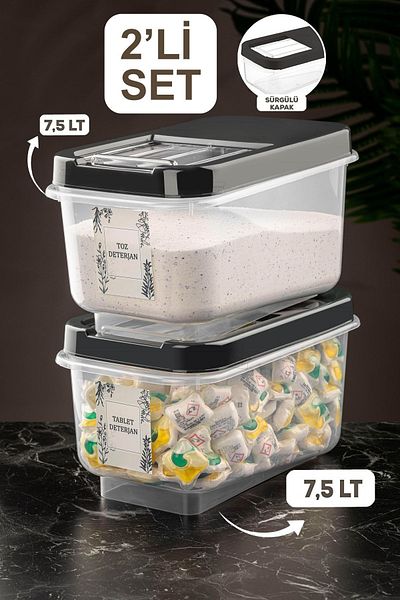 Meleni Home 2 Pack Labeled 7.5 Lt Detergent Storage Container with Sliding Lid - tablet Detergent Storage Box Anthracite