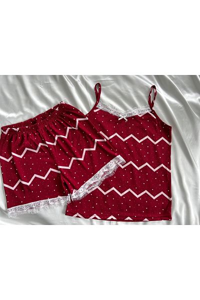 Sude HOMEWEAR Red Striped Polka Dot Printed Lace Women's Pajamas Set - Rope Strap Shorts