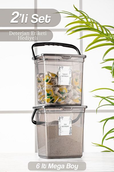 Meleni Home Set de 2 recipiente de depozitare pentru detergent cu capac cu etichete - Cutie portabilă de depozitare pentru detergent pentru tablete Platinum