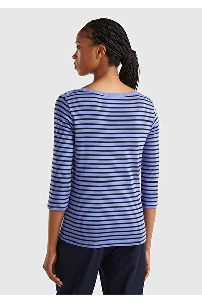 United Colors of Benetton Tricou pentru femei, 100% bumbac, cu mânecă lungă, cu gât barcă, cu logo albastru