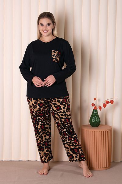 MyBen Black Colored Leopard Patterned Long Sleeve Pajama Set B-2