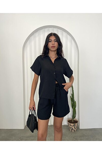 HARMONY GLOBAL Μαύρο λινό κοντομάνικο πουκάμισο και σορτς με κορδόνια - 11.051