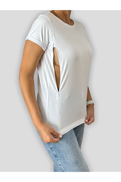 ESSENDO Emzirme Tişörtü-beyaz (GİZLİ FERMUARLI)