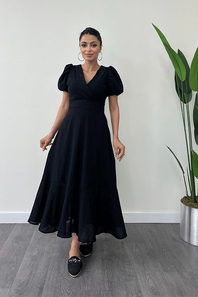 giyimmasalı Black Linen Midi Dress - Double Breasted Collar