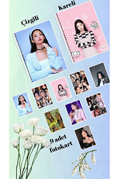 animeandyourworld jennie blackpink defter 2 adet  çizgili ve kareli + 9 adet fotokart seti