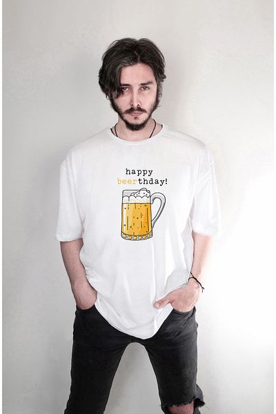 Darkia Beer Happy Beerthday - Printed White Oversize T-shirt
