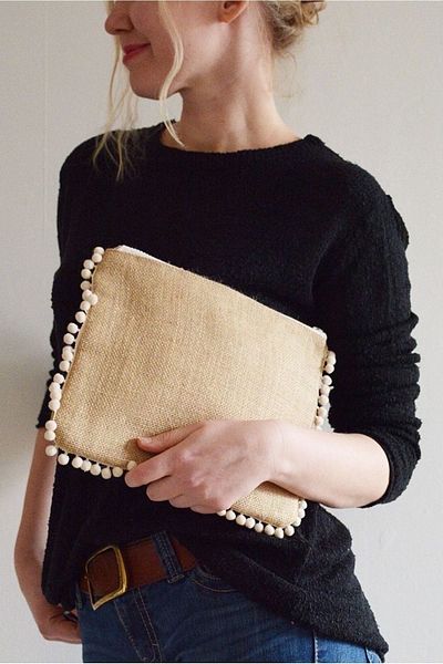 Lidi Straw Lined Portfolio/ Clutch Bag Handbag with Pompom, Makeup Bag